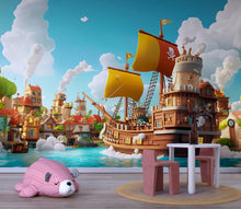 Load image into Gallery viewer, Pirate Ship Wall Mural for Kids Room – Adventure Cartoon Wallpaper – Boys Bedroom Decor – Peel and Stick or Non-Woven Mural