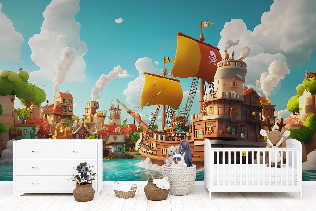 Pirate Ship Wall Mural for Kids Room – Adventure Cartoon Wallpaper – Boys Bedroom Decor – Peel and Stick or Non-Woven Mural