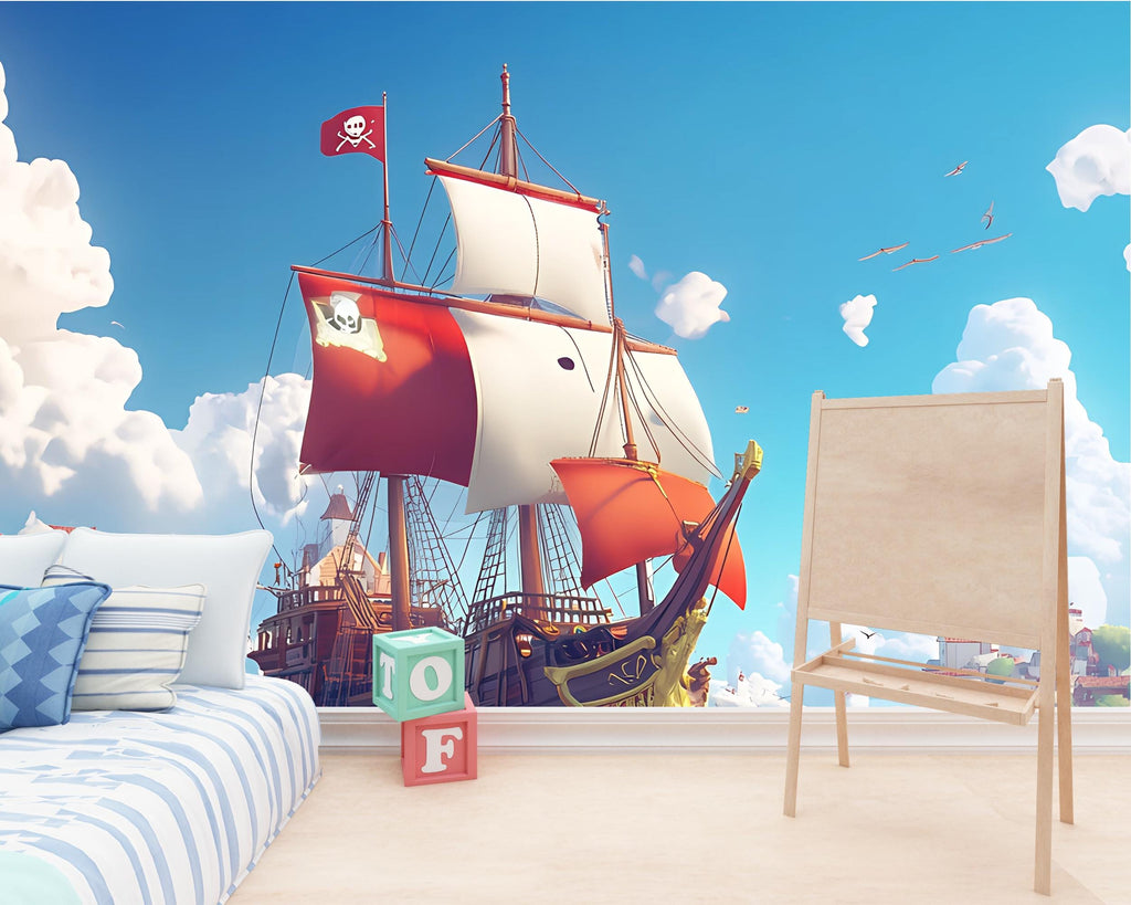 Red Pirate Ship Wall Mural – Kids Adventure Room Wallpaper – Nautical Cartoon Decor – Peel and Stick or Non-Woven Playroom Mural