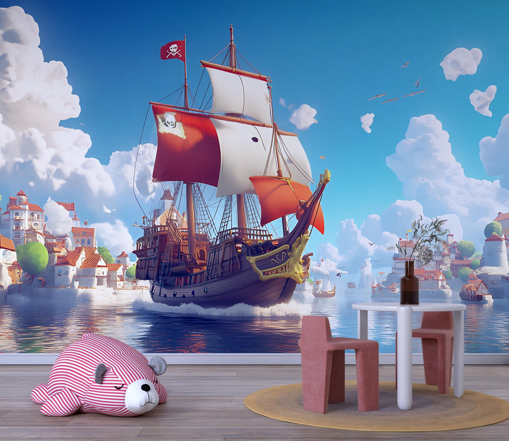 Red Pirate Ship Wall Mural – Kids Adventure Room Wallpaper – Nautical Cartoon Decor – Peel and Stick or Non-Woven Playroom Mural