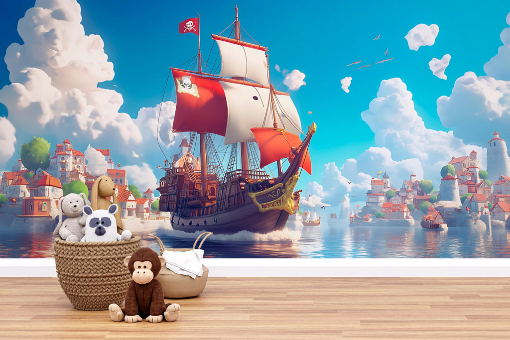 Red Pirate Ship Wall Mural – Kids Adventure Room Wallpaper – Nautical Cartoon Decor – Peel and Stick or Non-Woven Playroom Mural