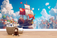 Load image into Gallery viewer, Red Pirate Ship Wall Mural – Kids Adventure Room Wallpaper – Nautical Cartoon Decor – Peel and Stick or Non-Woven Playroom Mural