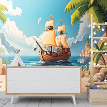 Load image into Gallery viewer, Tropical Pirate Ship Wall Mural – Island Adventure Wallpaper for Kids – Boys Room Decor – Peel and Stick or Non-Woven Mural