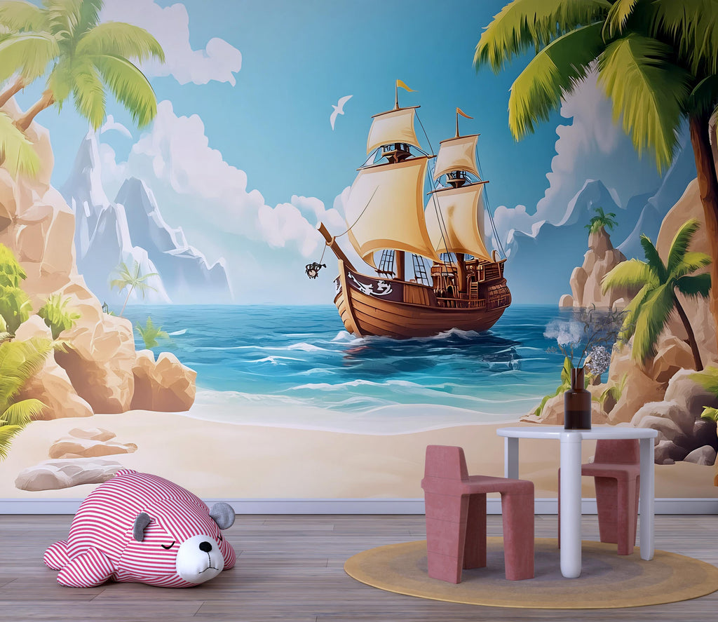 Tropical Pirate Ship Wall Mural – Island Adventure Wallpaper for Kids – Boys Room Decor – Peel and Stick or Non-Woven Mural