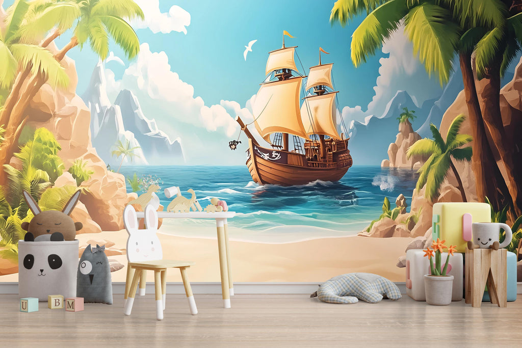 Tropical Pirate Ship Wall Mural – Island Adventure Wallpaper for Kids – Boys Room Decor – Peel and Stick or Non-Woven Mural