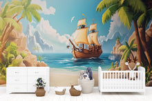 Load image into Gallery viewer, Tropical Pirate Ship Wall Mural – Island Adventure Wallpaper for Kids – Boys Room Decor – Peel and Stick or Non-Woven Mural