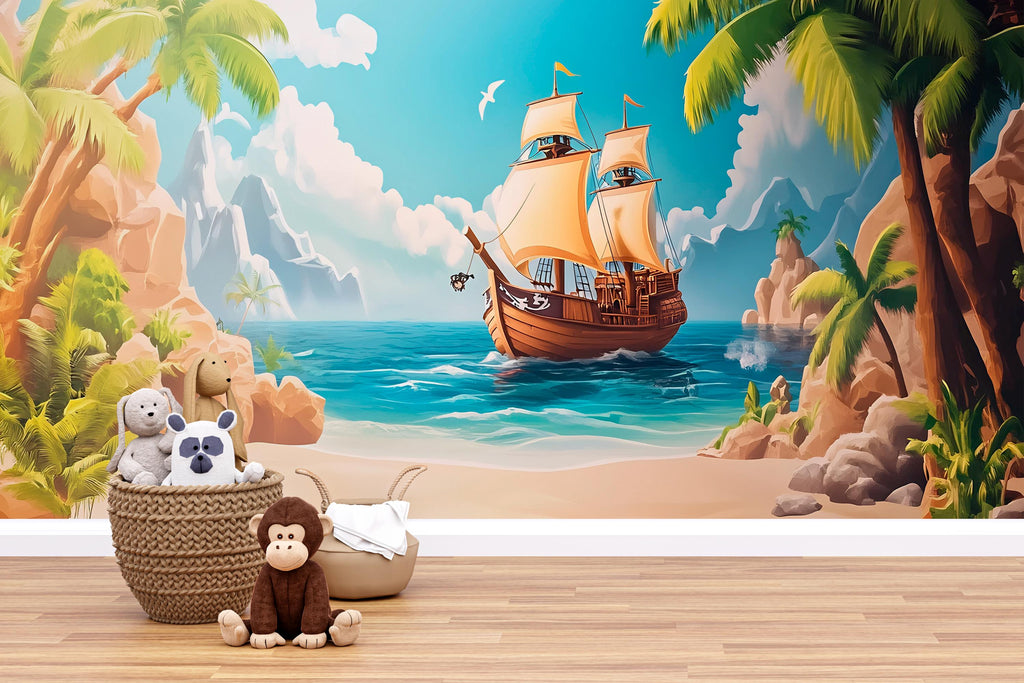 Tropical Pirate Ship Wall Mural – Island Adventure Wallpaper for Kids – Boys Room Decor – Peel and Stick or Non-Woven Mural