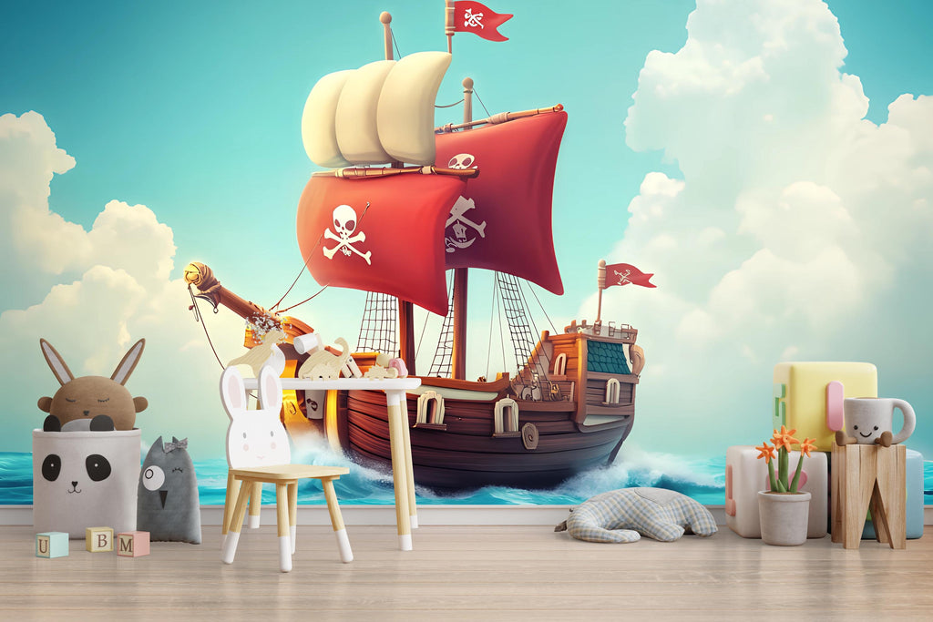 Red Pirate Ship Wall Mural – Bold Cartoon Wallpaper for Kids Room – Peel and Stick or Non-Woven – Nautical Boys Room Decor