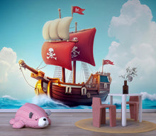 Load image into Gallery viewer, Red Pirate Ship Wall Mural – Bold Cartoon Wallpaper for Kids Room – Peel and Stick or Non-Woven – Nautical Boys Room Decor