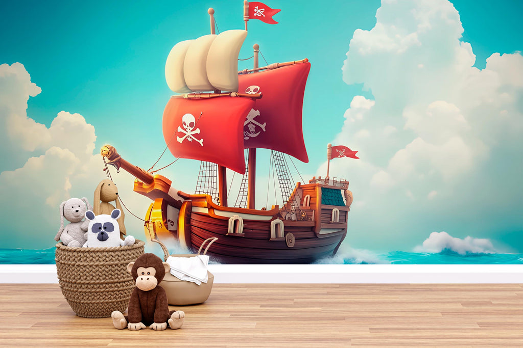 Red Pirate Ship Wall Mural – Bold Cartoon Wallpaper for Kids Room – Peel and Stick or Non-Woven – Nautical Boys Room Decor