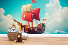 Load image into Gallery viewer, Red Pirate Ship Wall Mural – Bold Cartoon Wallpaper for Kids Room – Peel and Stick or Non-Woven – Nautical Boys Room Decor