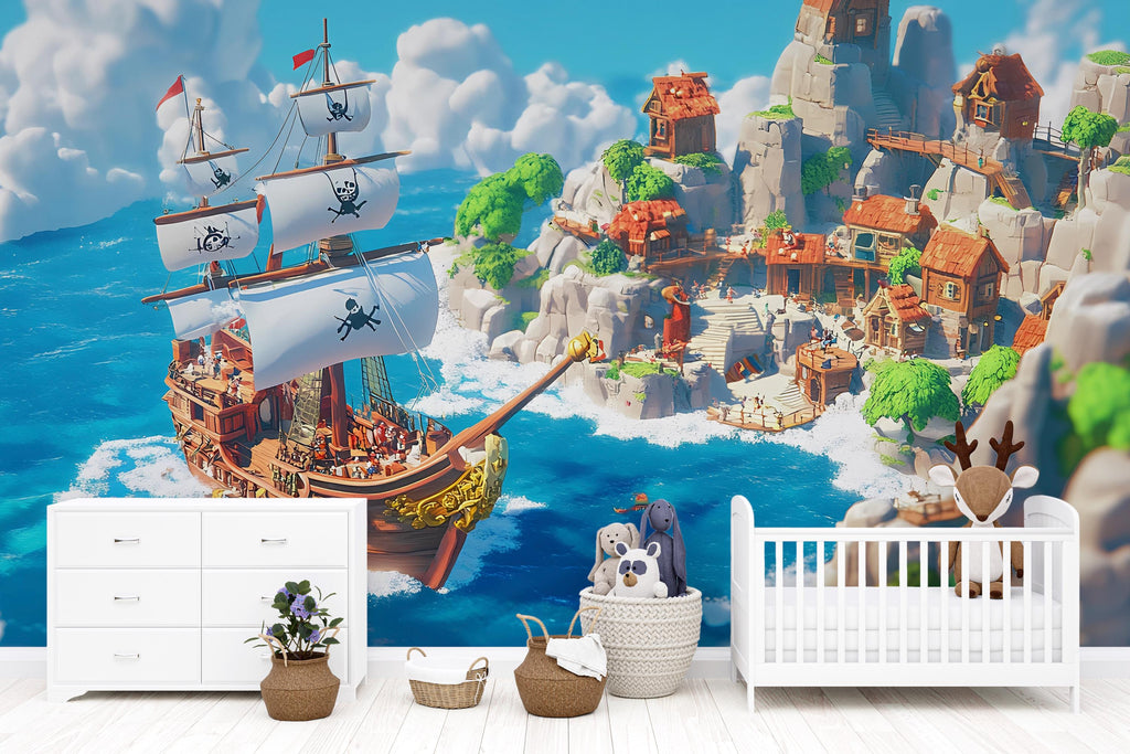 Pirate Ship Wall Mural with Village – White Sail Adventure Wallpaper – Peel and Stick or Non-Woven Kids Room Ocean Mural Decor