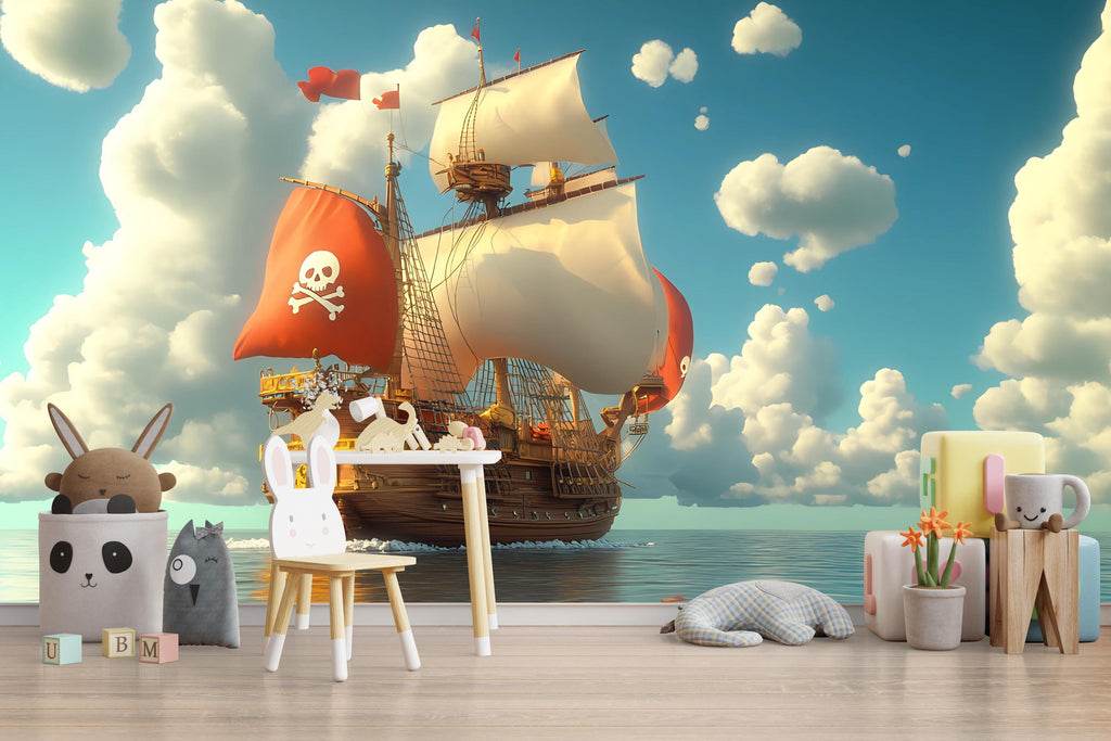 Pirate Ship Wall Mural with Red and White Sails – Kids Adventure Wallpaper – Ocean Scene Decor – Peel and Stick or Non-Woven Mural