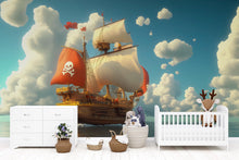 Load image into Gallery viewer, Pirate Ship Wall Mural with Red and White Sails – Kids Adventure Wallpaper – Ocean Scene Decor – Peel and Stick or Non-Woven Mural