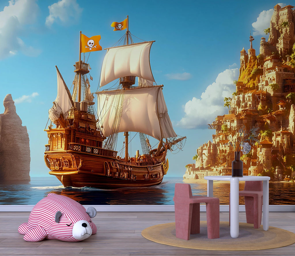 Golden Pirate Ship Wall Mural – Cliff Fortress Adventure Wallpaper for Kids – Peel and Stick or Non-Woven Nautical Room Decor