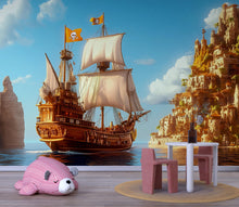 Load image into Gallery viewer, Golden Pirate Ship Wall Mural – Cliff Fortress Adventure Wallpaper for Kids – Peel and Stick or Non-Woven Nautical Room Decor