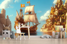 Load image into Gallery viewer, Golden Pirate Ship Wall Mural – Cliff Fortress Adventure Wallpaper for Kids – Peel and Stick or Non-Woven Nautical Room Decor