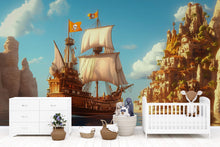 Load image into Gallery viewer, Golden Pirate Ship Wall Mural – Cliff Fortress Adventure Wallpaper for Kids – Peel and Stick or Non-Woven Nautical Room Decor