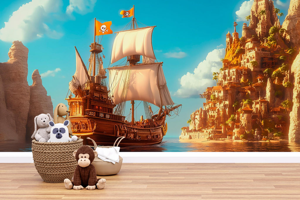 Golden Pirate Ship Wall Mural – Cliff Fortress Adventure Wallpaper for Kids – Peel and Stick or Non-Woven Nautical Room Decor