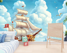 Load image into Gallery viewer, Storybook Pirate Ship Wall Mural – Castle Ocean Adventure Kids Wallpaper – Peel and Stick or Non-Woven Boys Room Decor