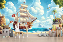 Load image into Gallery viewer, Storybook Pirate Ship Wall Mural – Castle Ocean Adventure Kids Wallpaper – Peel and Stick or Non-Woven Boys Room Decor