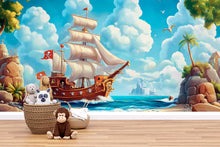 Load image into Gallery viewer, Storybook Pirate Ship Wall Mural – Castle Ocean Adventure Kids Wallpaper – Peel and Stick or Non-Woven Boys Room Decor