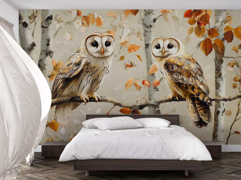 Barn Owl Wall Mural – Autumn Birch Forest Wallpaper with Twin Owls | Woodland Bedroom Accent Mural