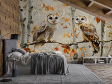 Load image into Gallery viewer, Barn Owl Wall Mural – Autumn Birch Forest Wallpaper with Twin Owls | Woodland Bedroom Accent Mural