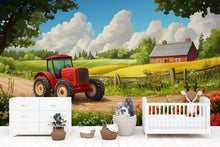 Load image into Gallery viewer, Red Tractor Farm Wall Mural – Countryside Kids Room Wallpaper – Peel and Stick or Non-Woven – Boys Bedroom or Playroom Decor