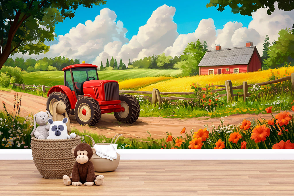 Red Tractor Farm Wall Mural – Countryside Kids Room Wallpaper – Peel and Stick or Non-Woven – Boys Bedroom or Playroom Decor