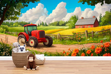 Load image into Gallery viewer, Red Tractor Farm Wall Mural – Countryside Kids Room Wallpaper – Peel and Stick or Non-Woven – Boys Bedroom or Playroom Decor