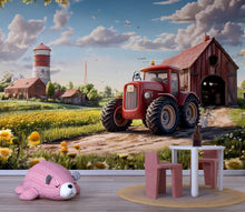 Load image into Gallery viewer, Realistic Red Tractor Farm Wall Mural – Barnyard Nursery Wallpaper – Peel and Stick or Non-Woven – Rustic Boys Room or Playroom Decor