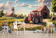 Load image into Gallery viewer, Realistic Red Tractor Farm Wall Mural – Barnyard Nursery Wallpaper – Peel and Stick or Non-Woven – Rustic Boys Room or Playroom Decor