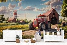 Load image into Gallery viewer, Realistic Red Tractor Farm Wall Mural – Barnyard Nursery Wallpaper – Peel and Stick or Non-Woven – Rustic Boys Room or Playroom Decor