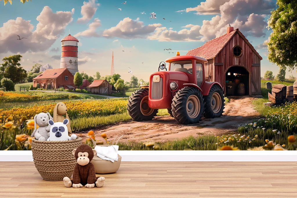 Realistic Red Tractor Farm Wall Mural – Barnyard Nursery Wallpaper – Peel and Stick or Non-Woven – Rustic Boys Room or Playroom Decor