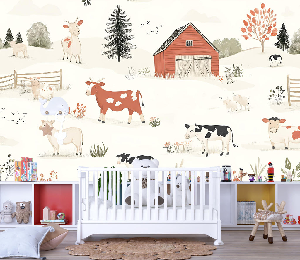 Farm Animal Wall Mural for Nursery – Whimsical Barnyard Wallpaper – Peel and Stick or Non-Woven Kids Room Decor – Cow & Barn Illustration