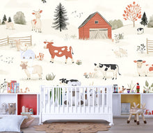 Load image into Gallery viewer, Farm Animal Wall Mural for Nursery – Whimsical Barnyard Wallpaper – Peel and Stick or Non-Woven Kids Room Decor – Cow &amp; Barn Illustration