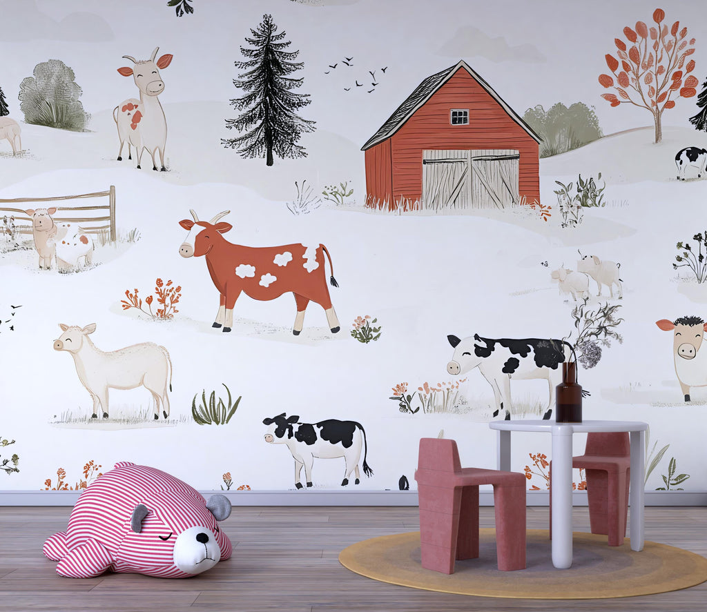 Farm Animal Wall Mural for Nursery – Whimsical Barnyard Wallpaper – Peel and Stick or Non-Woven Kids Room Decor – Cow & Barn Illustration