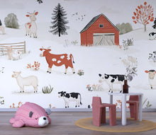 Load image into Gallery viewer, Farm Animal Wall Mural for Nursery – Whimsical Barnyard Wallpaper – Peel and Stick or Non-Woven Kids Room Decor – Cow &amp; Barn Illustration