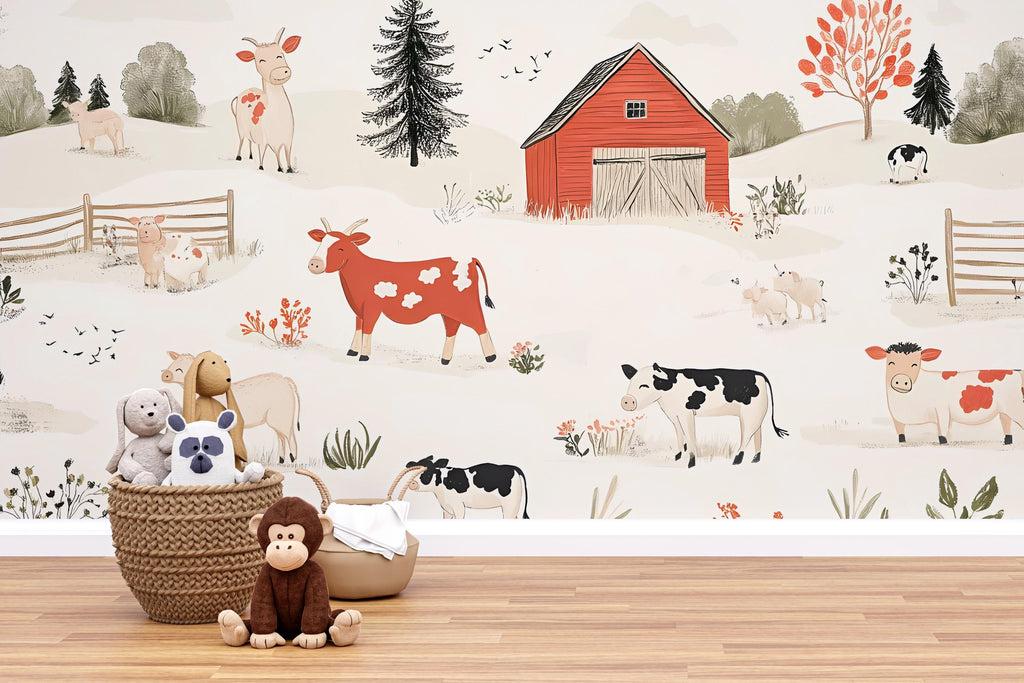 Farm Animal Wall Mural for Nursery – Whimsical Barnyard Wallpaper – Peel and Stick or Non-Woven Kids Room Decor – Cow & Barn Illustration