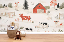 Load image into Gallery viewer, Farm Animal Wall Mural for Nursery – Whimsical Barnyard Wallpaper – Peel and Stick or Non-Woven Kids Room Decor – Cow &amp; Barn Illustration