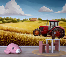 Load image into Gallery viewer, Red Tractor Wheat Field Wall Mural – Farm Landscape Wallpaper for Kids Room – Peel and Stick or Non-Woven Rustic Playroom Decor