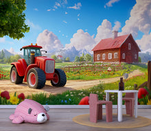 Load image into Gallery viewer, Red Tractor Wall Mural – Vibrant Flower Farm and Mountain Wallpaper – Peel and Stick or Non-Woven – Kids Room or Nursery Decor