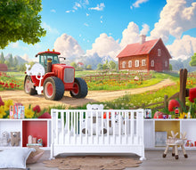 Load image into Gallery viewer, Red Tractor Wall Mural – Vibrant Flower Farm and Mountain Wallpaper – Peel and Stick or Non-Woven – Kids Room or Nursery Decor