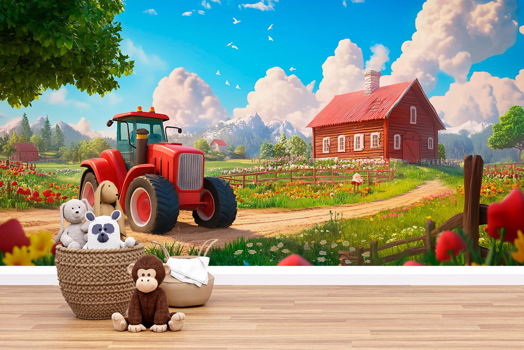Red Tractor Wall Mural – Vibrant Flower Farm and Mountain Wallpaper – Peel and Stick or Non-Woven – Kids Room or Nursery Decor