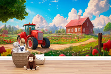 Load image into Gallery viewer, Red Tractor Wall Mural – Vibrant Flower Farm and Mountain Wallpaper – Peel and Stick or Non-Woven – Kids Room or Nursery Decor