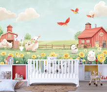 Load image into Gallery viewer, Pastel Farm Animal Wall Mural – Baby Barnyard Nursery Wallpaper – Peel and Stick or Non-Woven – Cute Cow Chick Sheep Decor
