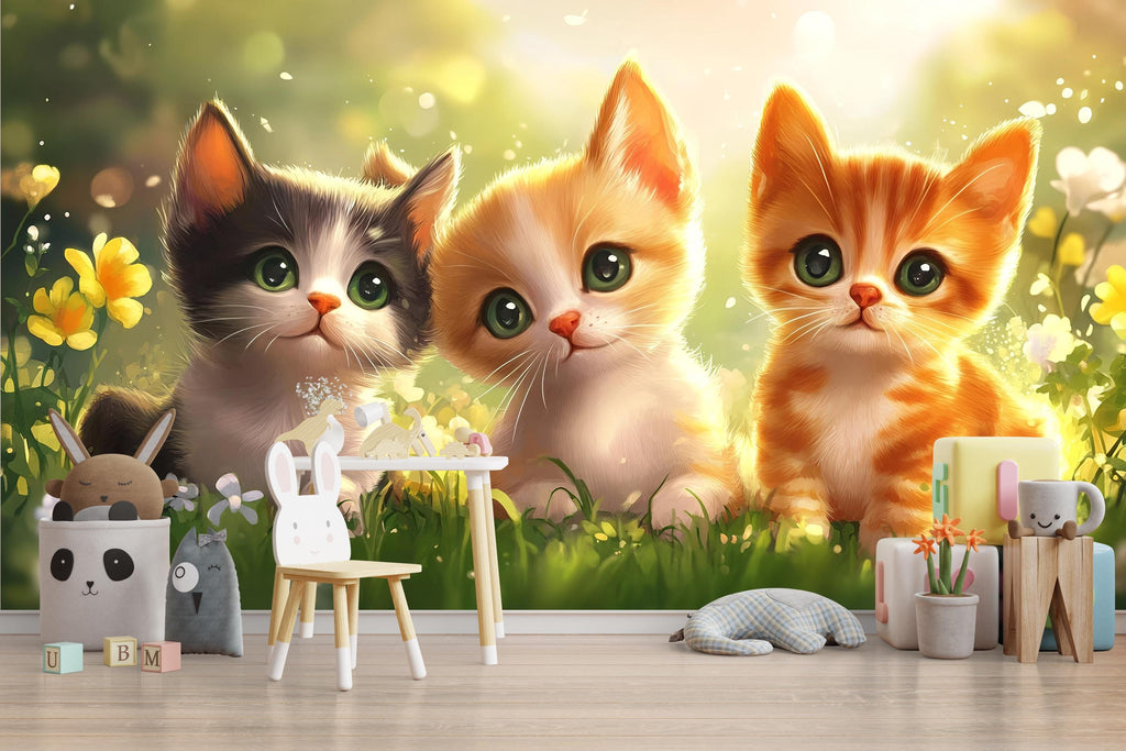 Cute Kitten Wall Mural – Playful Cat Nursery Wallpaper – Peel and Stick or Non-Woven – Animal Lover Kids Room or Playroom Decor