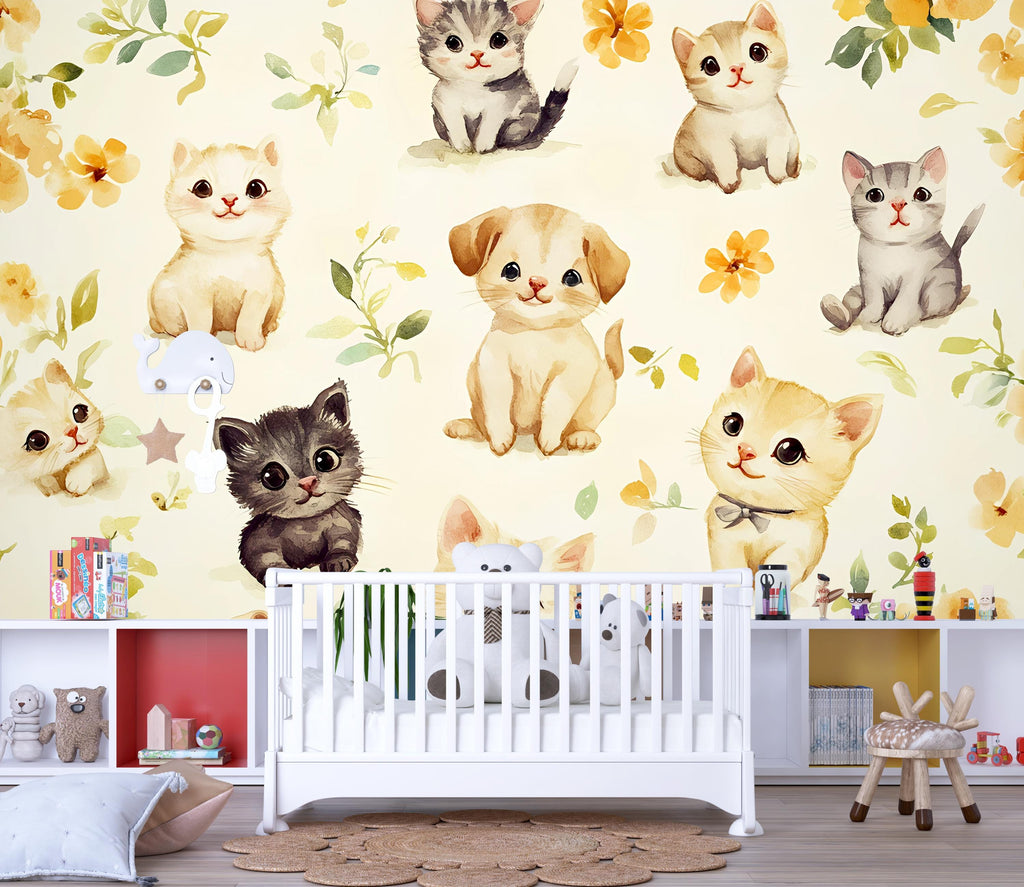 Watercolor Kitten and Puppy Wall Mural – Animal Nursery Wallpaper – Peel and Stick or Non-Woven – Cute Pet Decor for Baby Room