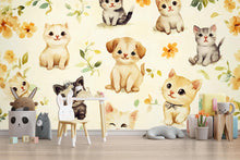 Load image into Gallery viewer, Watercolor Kitten and Puppy Wall Mural – Animal Nursery Wallpaper – Peel and Stick or Non-Woven – Cute Pet Decor for Baby Room